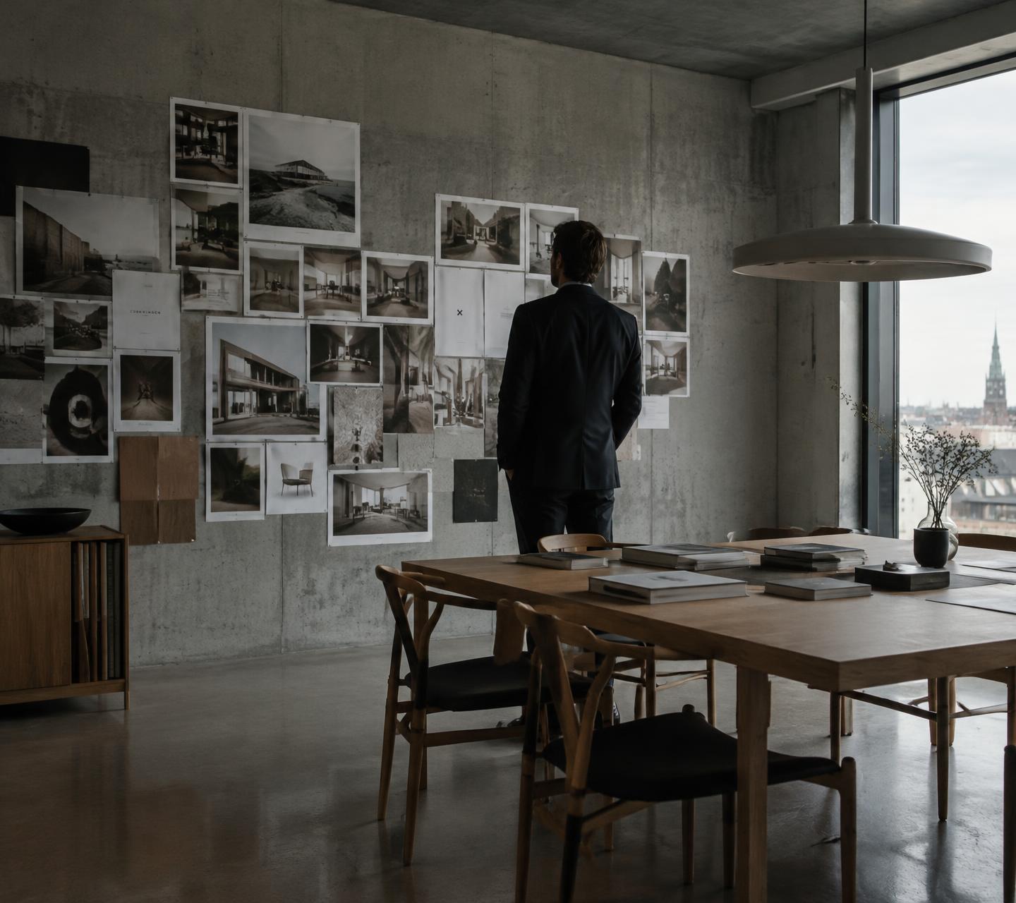 Strategist reviewing a moodboard wall