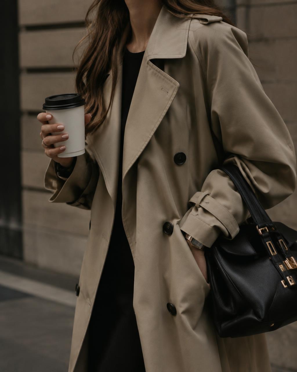 Trench coat, coffee and leather bag