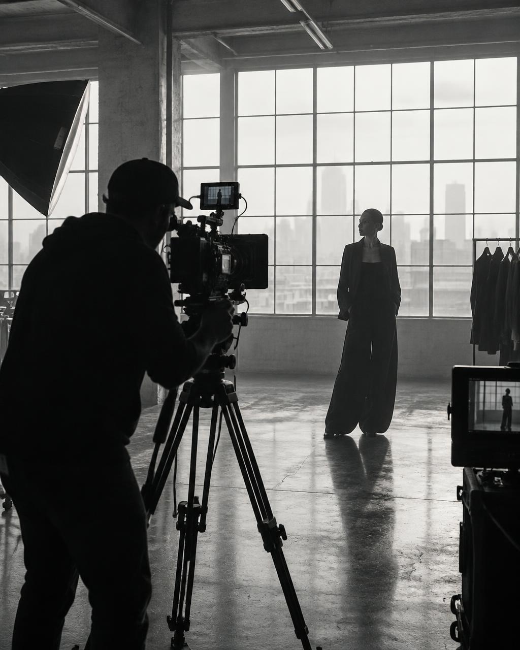 Camera operator filming a model in a studio